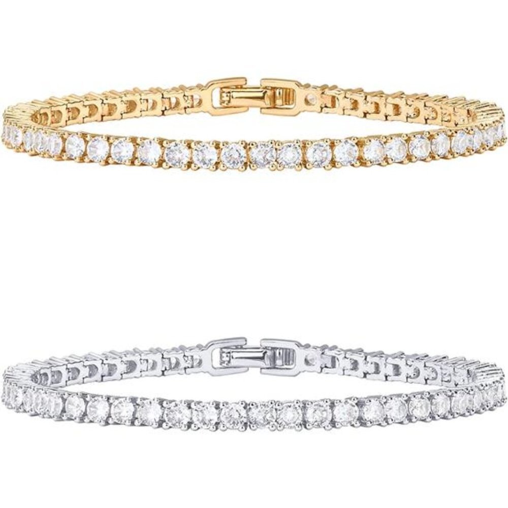2 Pack Women's 14K Gold Plated 3mm Cubic Zirconia Classic Gold Bracelets